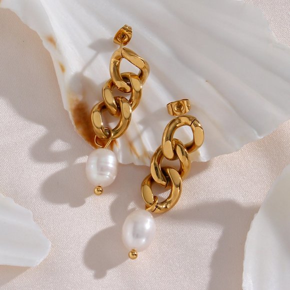 Fresh Water Pearl‎ Gold Chain Drop Earrings 18K Gold Plated Stainless Steel - Picture 9 of 13